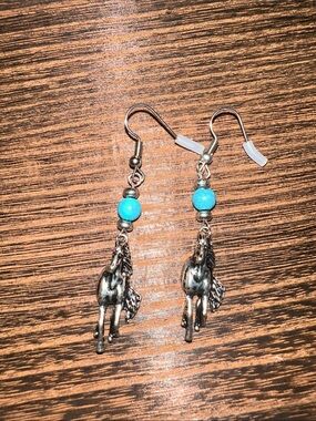 Turquoise Bead Silver Pegasus Drop Earrings
